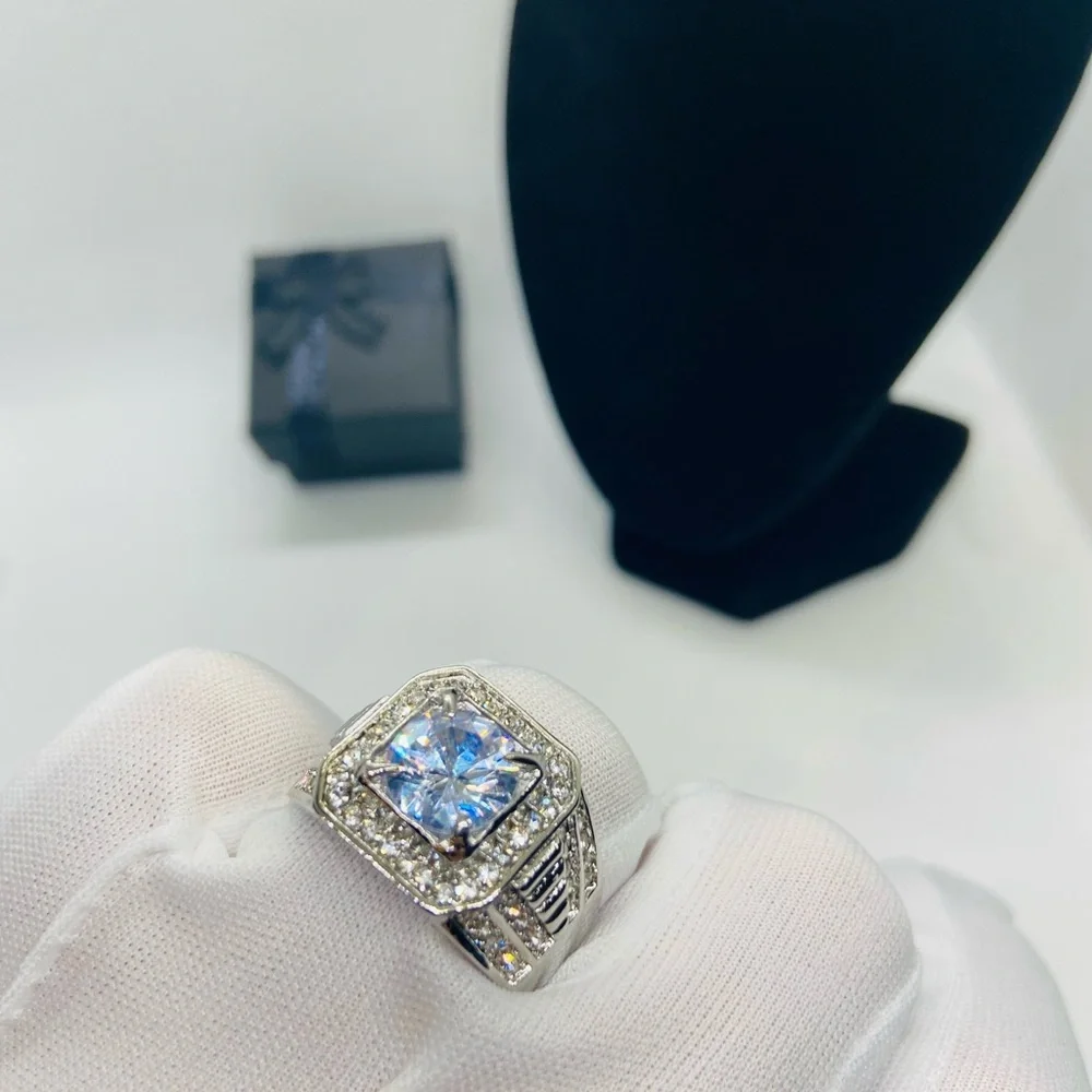 * NEW Men Silver Square Diamond Wide Band Ring